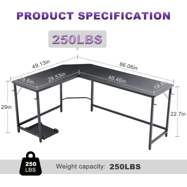 L Shaped Corner Computer Desk  with Iron Hook CPU Stand  66 Inch