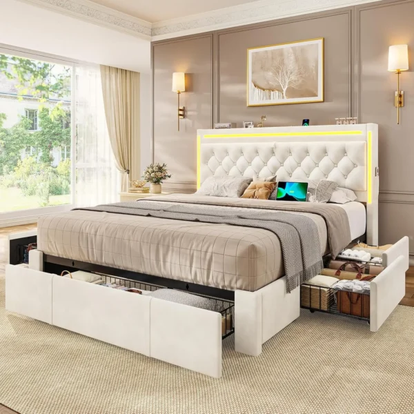 Upholstered Bed Frame Queen Size with 5 Storage Drawers