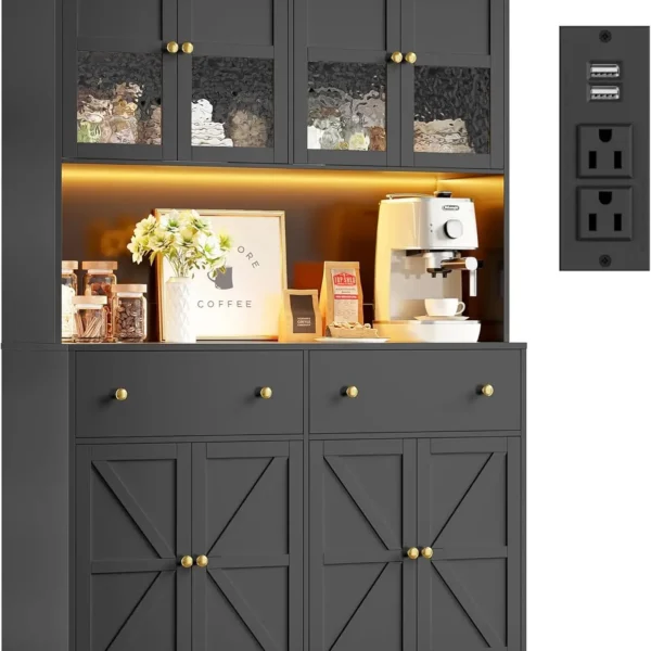 71 Inch Farmhouse Kitchen Pantry with LED Light and Charging Station